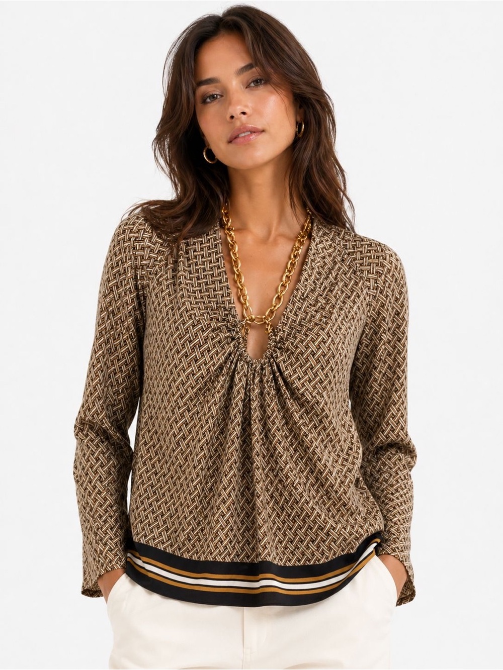 Michael Kors Brown Woven-Print V-Neck Long Sleeve Blouse